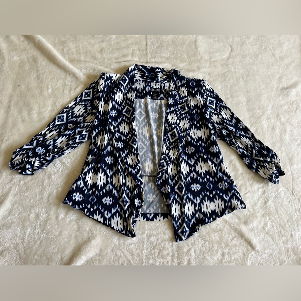 Soho Apparel Ltd Navy White Geometric Ikat Open Front Ruched Sleeve Blazer XL